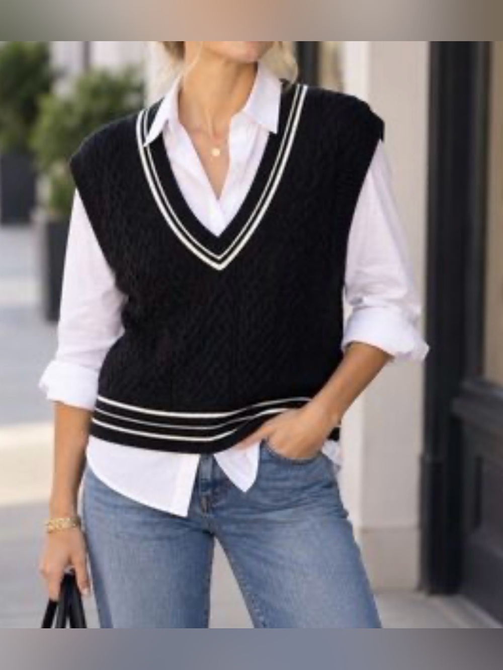 Evereve Cable Sweater Vest Stripe Cotton Blend V-Neck In Black/White Size M